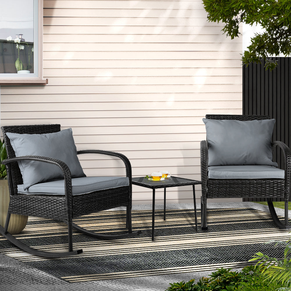 Gardeon 3PC Outdoor Rocking Chair Set Black Wicker Patio Furniture