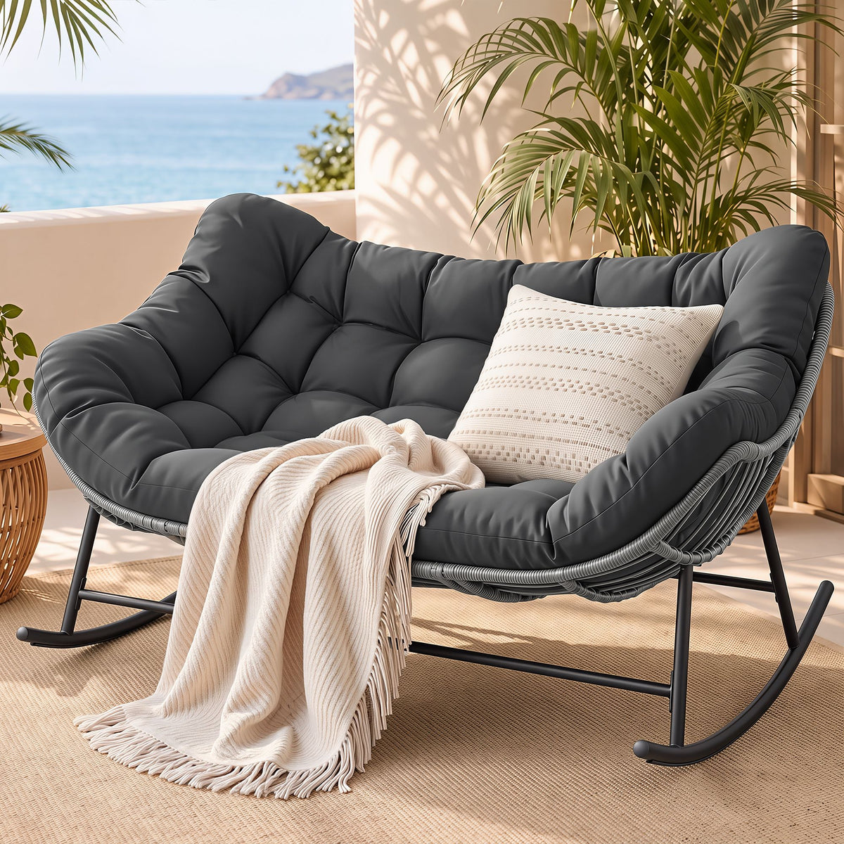 Gardeon Outdoor Rocking Loveseat Wicker 2 Seater Grey