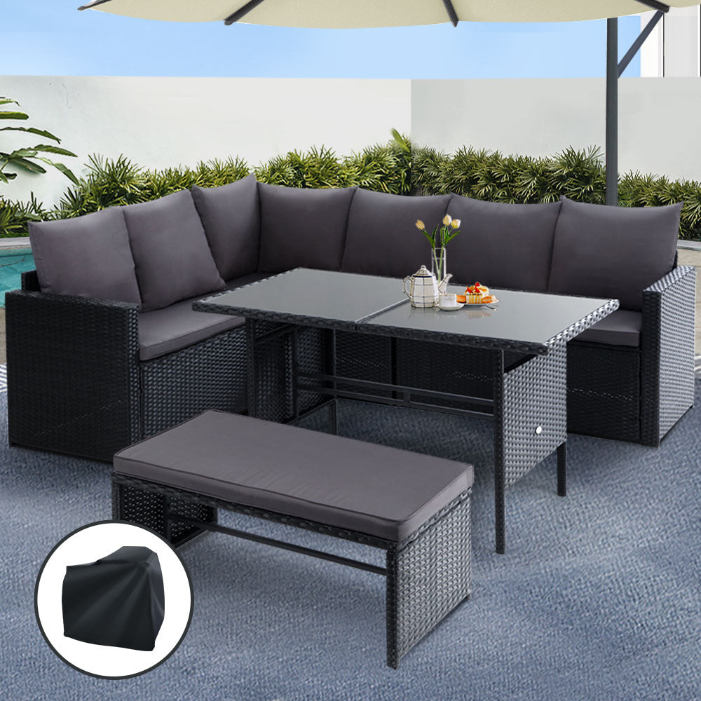 Gardeon 9-Seater Outdoor Dining Sofa Set Black Wicker Dark Grey Cushions