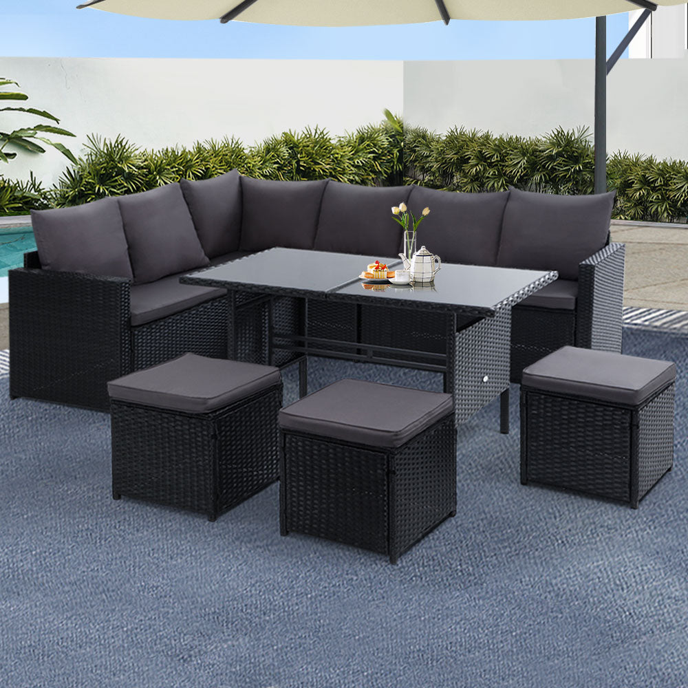 Gardeon 9 Seater Outdoor Wicker Sofa Dining Set Black