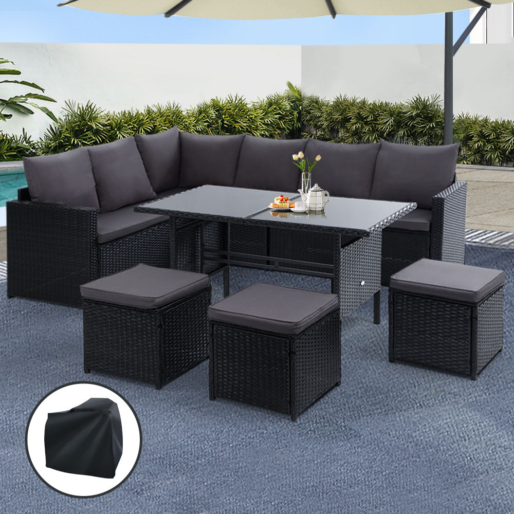 Gardeon 9-Seater Outdoor Dining Sofa Set Black Wicker Dark Grey Cushions