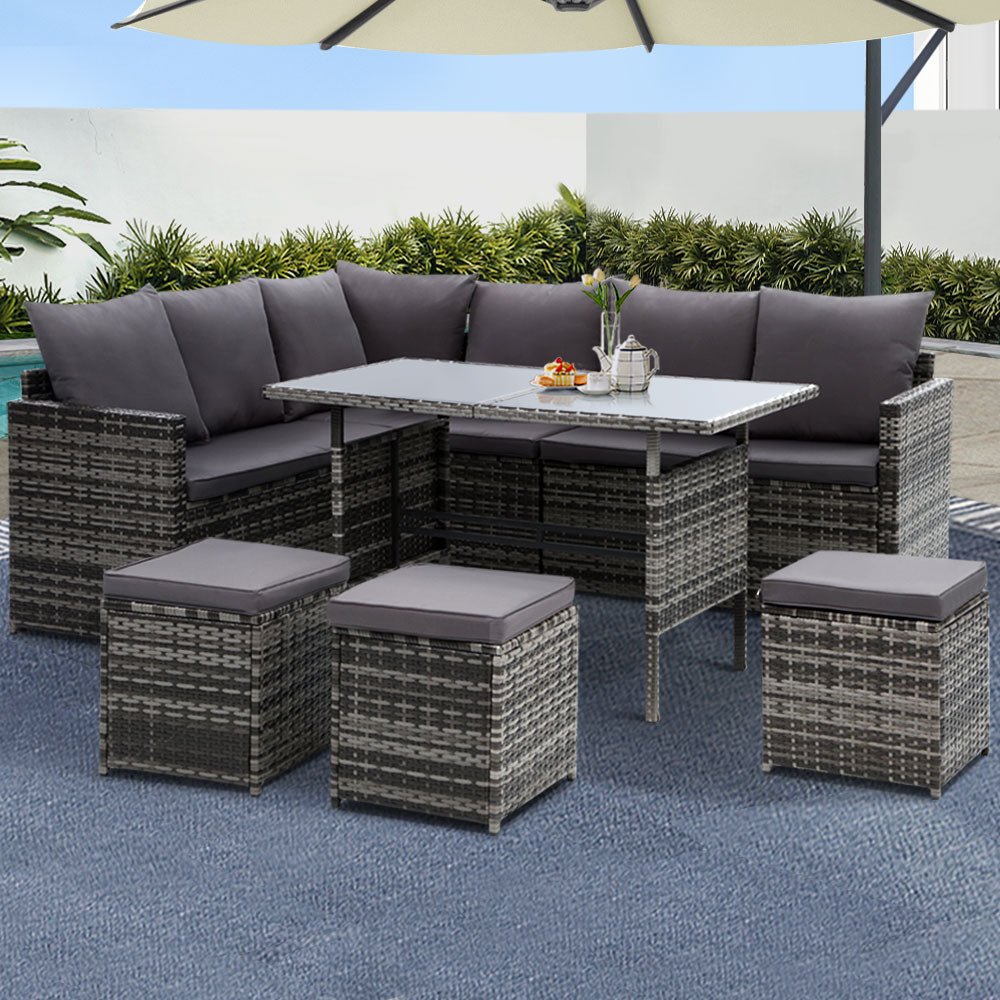 Gardeon 9 Seater Outdoor Wicker Lounge Dining Setting Mixed Grey