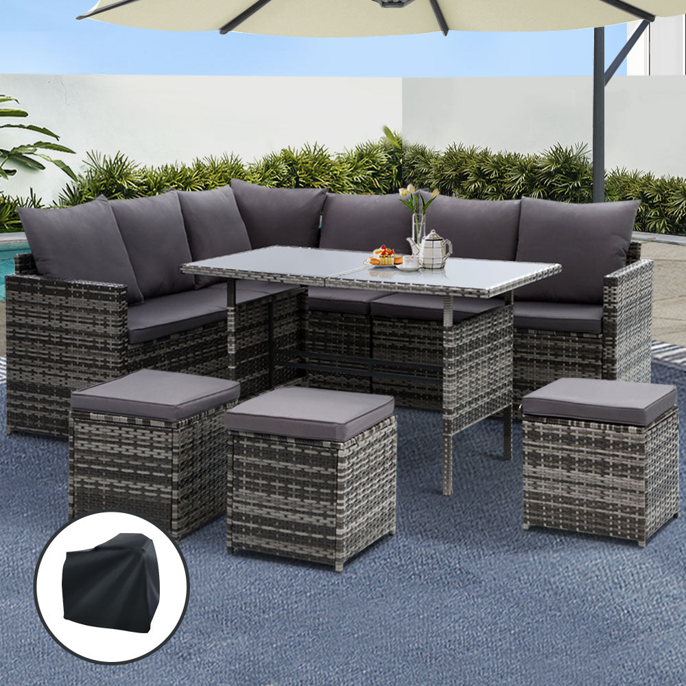 Gardeon 9-Seater Outdoor Dining Sofa Set Grey Wicker Cushions