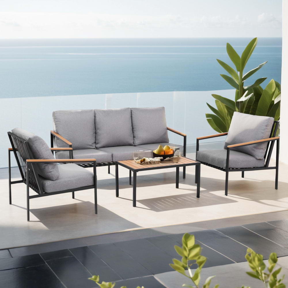 Gardeon 5-Seater Outdoor Sofa Set 4PCS Black Frame Grey Cushions