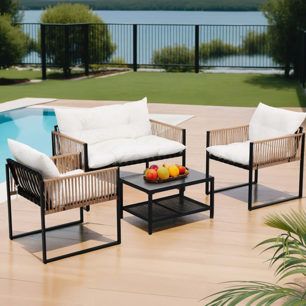 Gardeon 4-Seater Outdoor Sofa Set Black Rattan White Cushions
