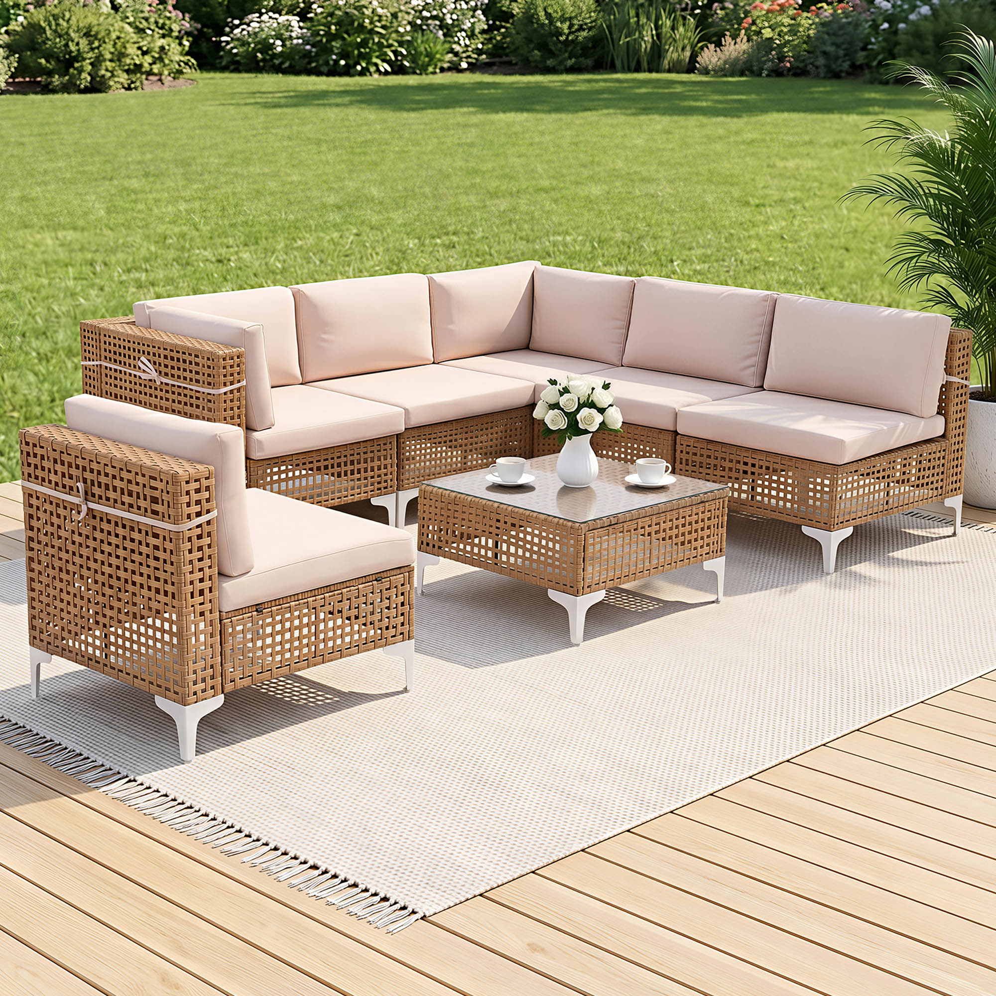 Gardeon 6 Seater Outdoor Rattan Sofa Set 7PCS