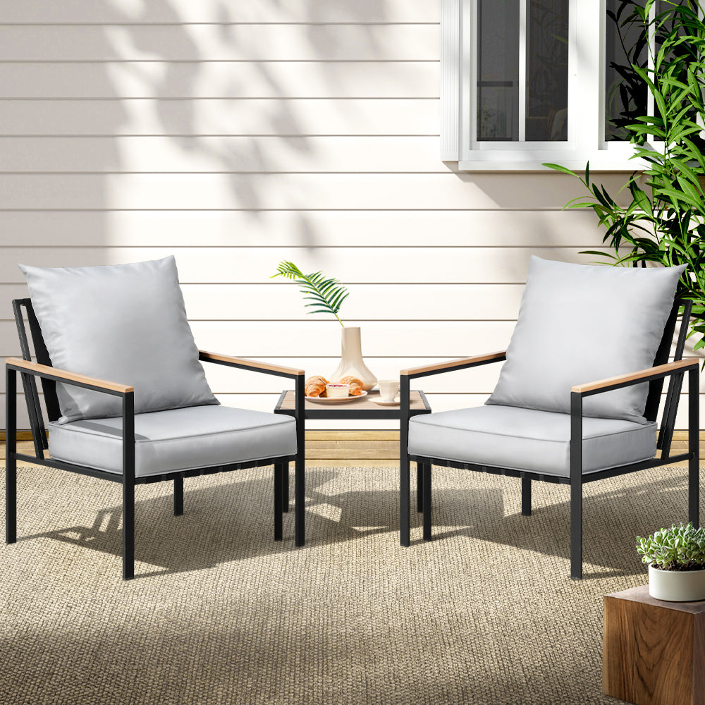 Gardeon 3PC Outdoor Lounge Setting Black Chairs Table Patio