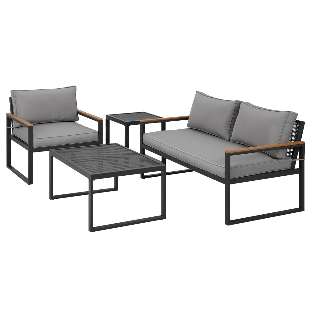 Gardeon 3-Seater Outdoor Modular Lounge Set Steel Black Grey Cushions