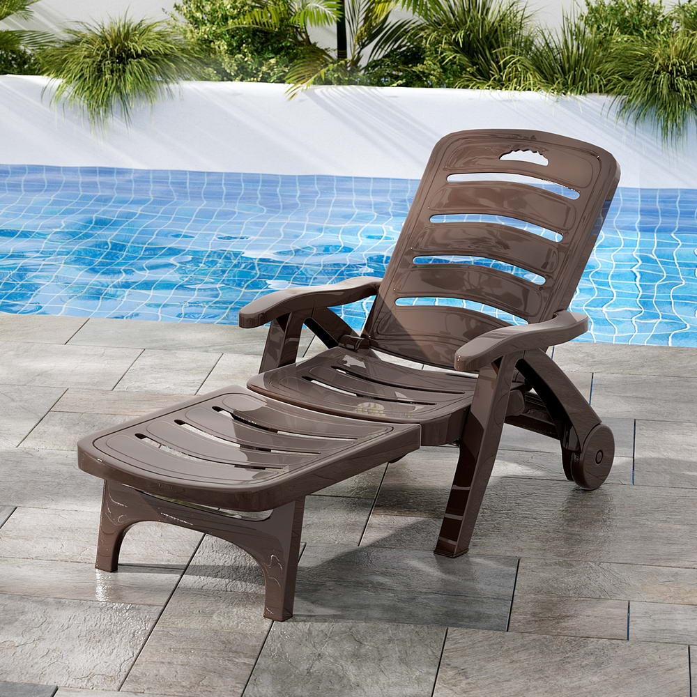 Gardeon Folding Sun Lounger with Wheels Brown Outdoor Patio Chair