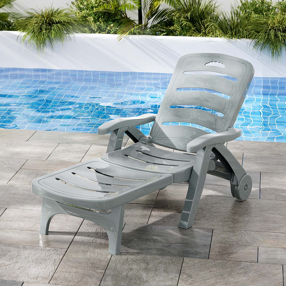Gardeon Grey Folding Sun Lounger with Wheels Outdoor Patio Furniture