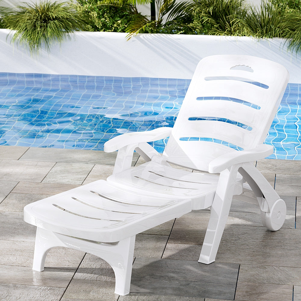Gardeon Folding Sun Lounger Chaise with Wheels White