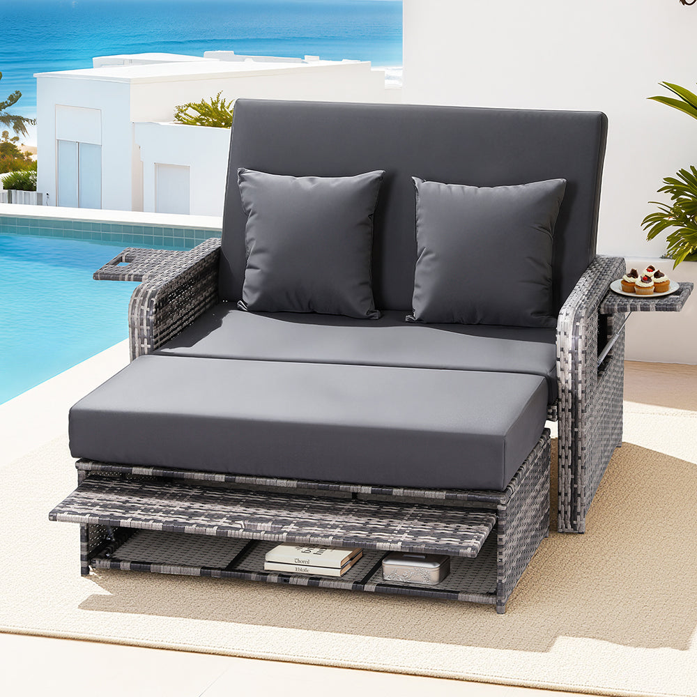 Gardeon Outdoor Day Bed Sun Lounger PE Rattan Setting Grey