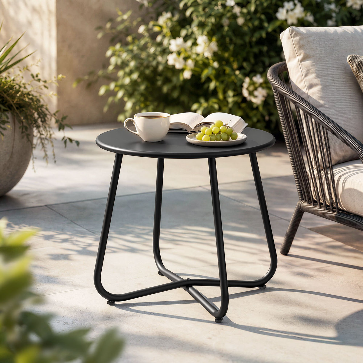 Gardeon Outdoor Round Side Table Black Steel Frame