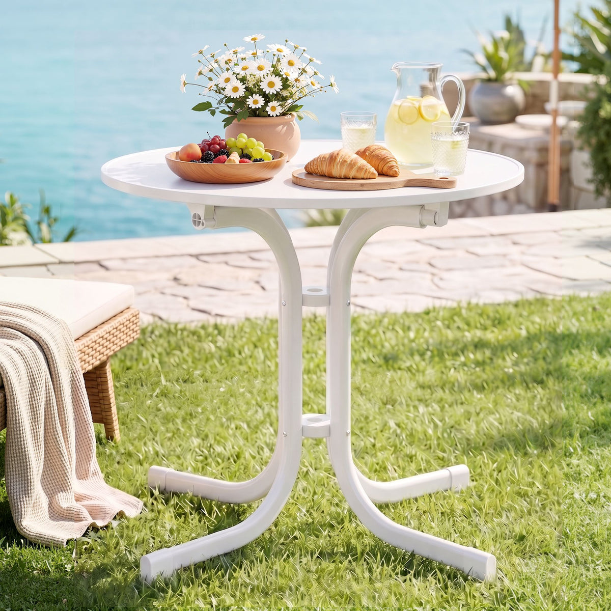 Gardeon Folding Outdoor Side Table 80cm Round Steel White