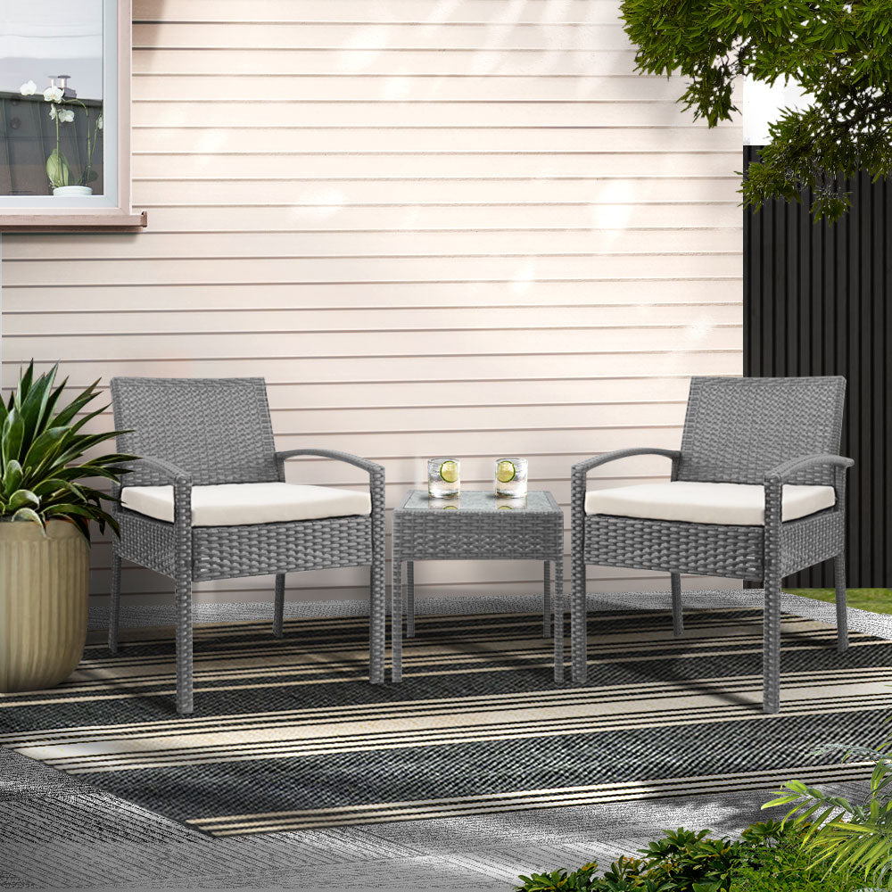 Gardeon 3PC Outdoor Wicker Bistro Lounge Setting Grey