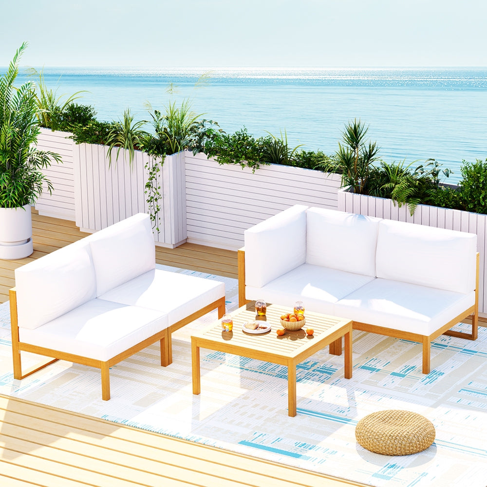 Gardeon 4-Seater Wooden Outdoor Sofa Set 5PCS Brown White Cushions