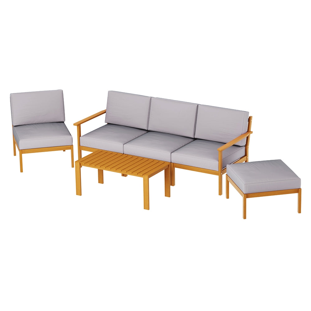 Gardeon 5-Seater Outdoor Lounge Set Acacia Wood Grey Cushions