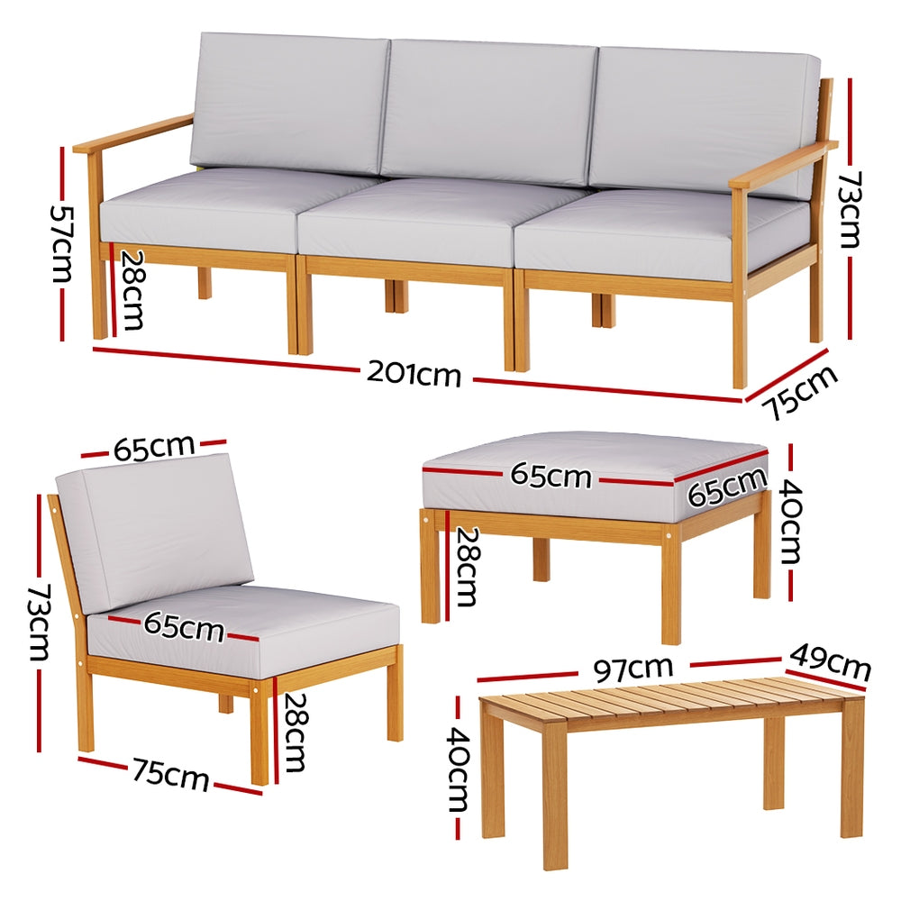 Gardeon 5-Seater Outdoor Lounge Set Acacia Wood Grey Cushions