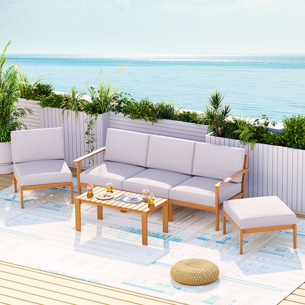 Gardeon 5-Seater Outdoor Lounge Set Acacia Wood Grey Cushions