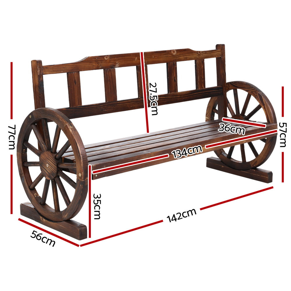 Gardeon 3-Seater Wagon Wheel Garden Bench Wooden Brown