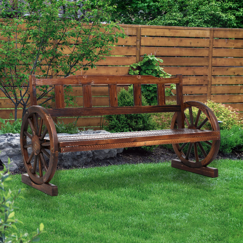 Gardeon 3-Seater Wagon Wheel Garden Bench Wooden Brown