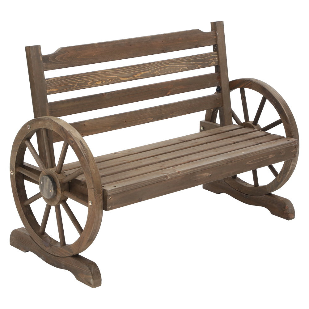 Wagon Wheels 2 Seater Outdoor Garden Bench Wooden Brown