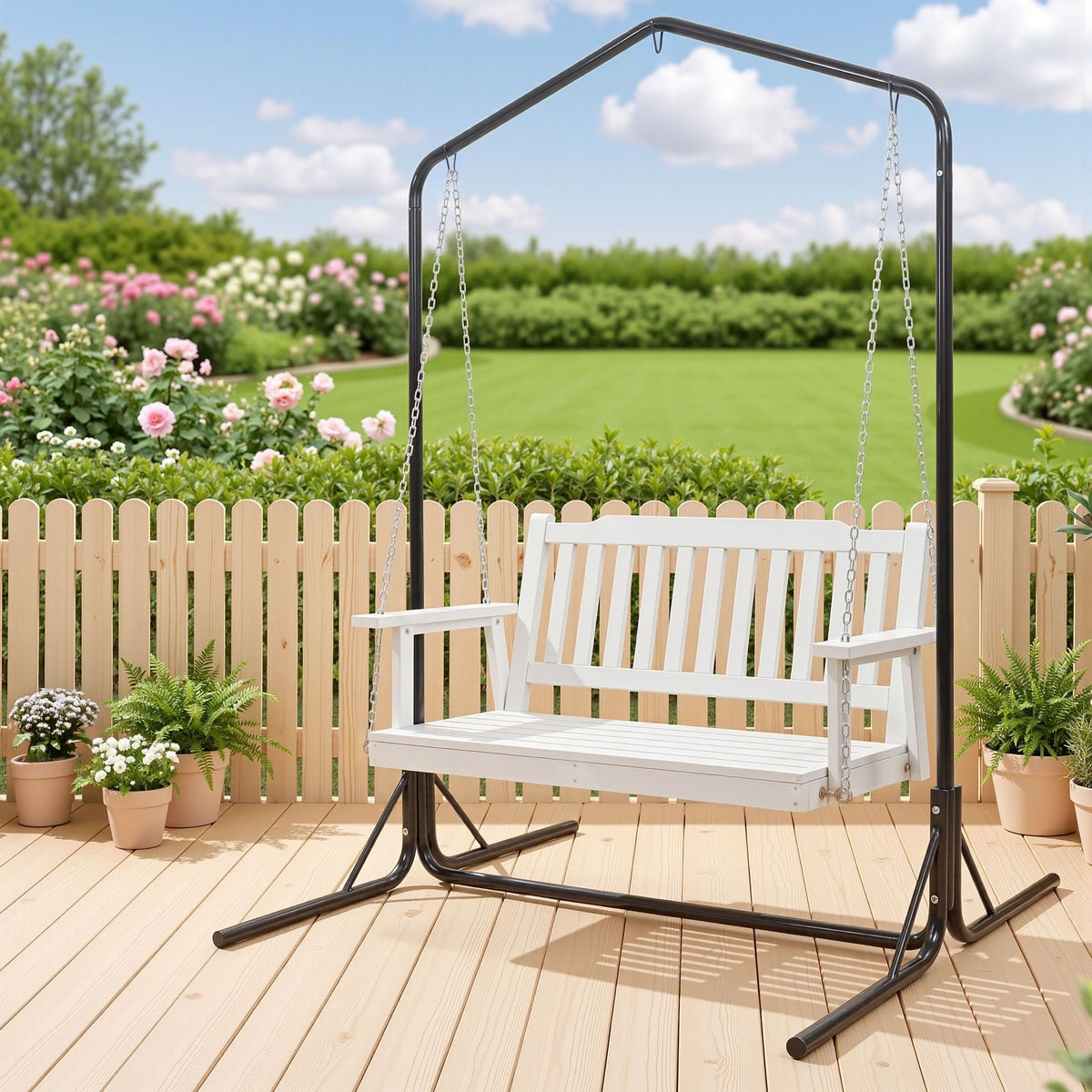 Gardeon Wooden 2-Seater Outdoor Swing Chair White with Black Stand