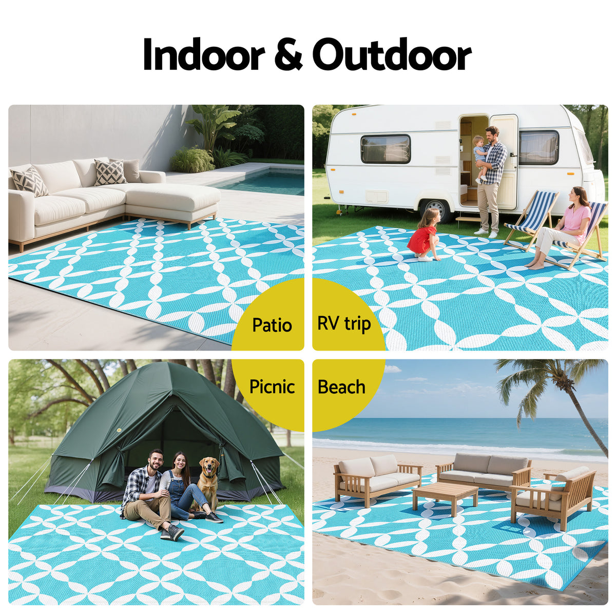 Gardeon Outdoor Rugs 274x366cm Large Carpet Reversible Area Mat PP Dual-Sided Patio Rug Light Blue