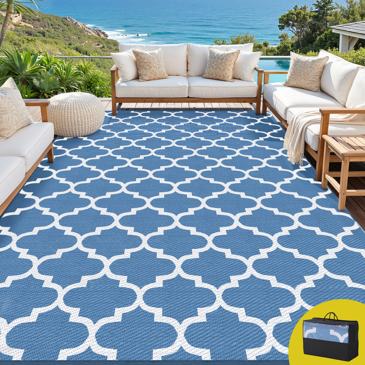 Gardeon Outdoor Rug 274x366cm Reversible Patio Mat Blue