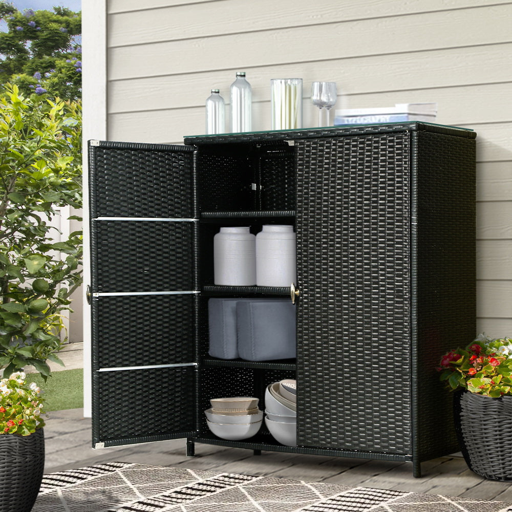 Gardeon Outdoor Wicker Storage Cabinet with Glass Bar Table Top
