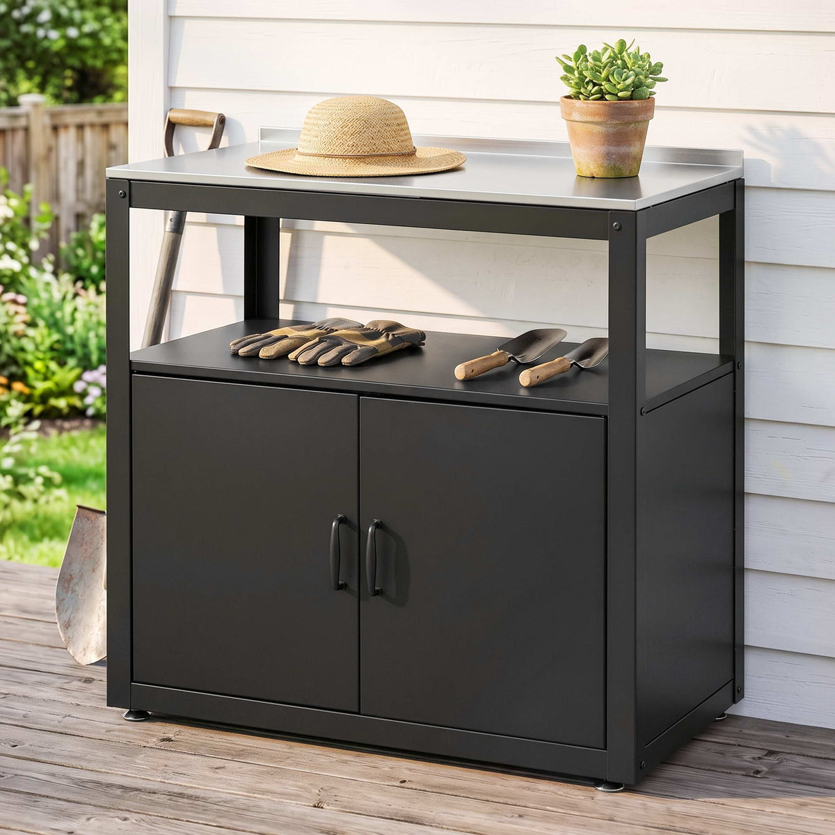 Gardeon Potting Bench with Stainless Steel Table Top Black