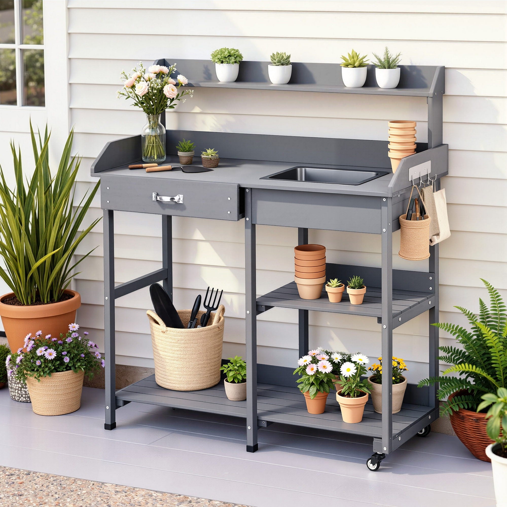 Gardeon Outdoor Cedar Potting Bench with Sink Grey
