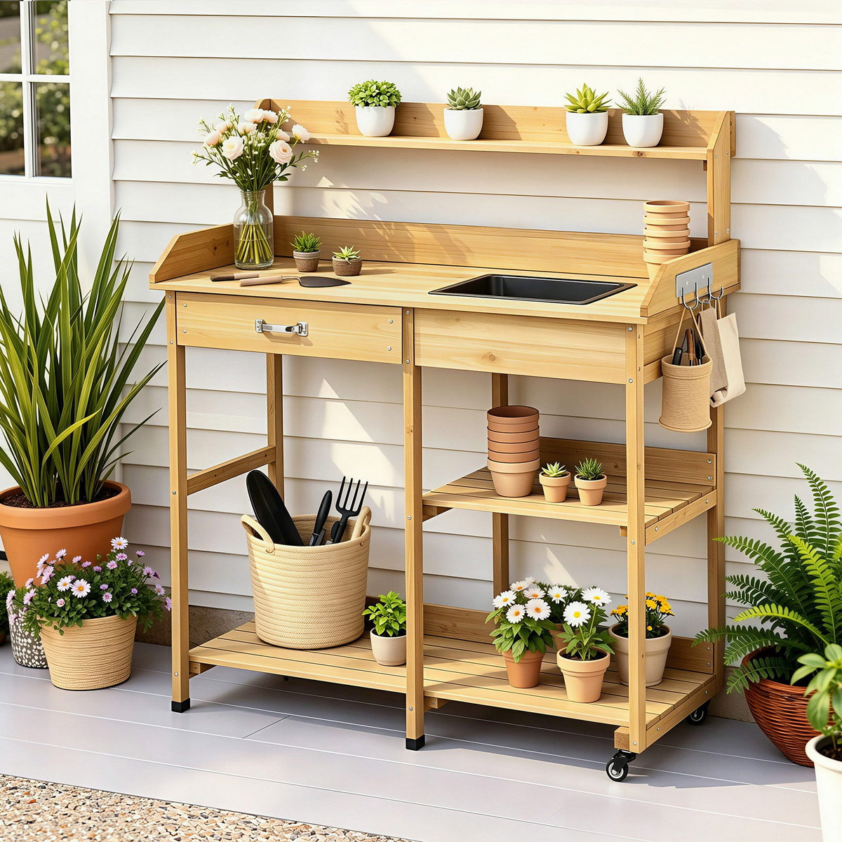 Gardeon Outdoor Potting Bench Table Storage Cabinet Natural