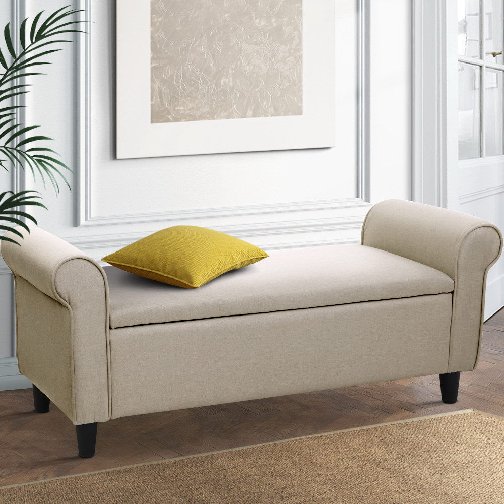 Artiss 125cm Storage Ottoman Blanket Box Linen Taupe