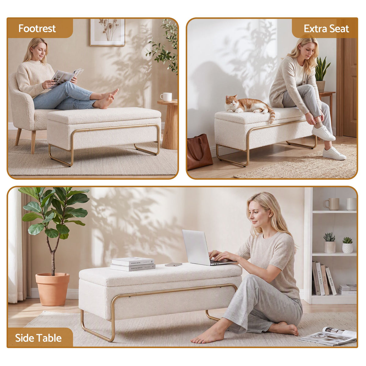 Artiss Storage Ottoman Boucle Padded Seat Footrest Hidden Storage Cream White