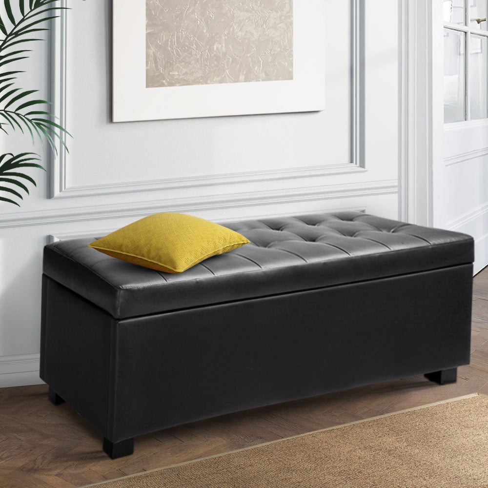 Artiss Storage Ottoman Blanket Box 97cm Faux Leather Black