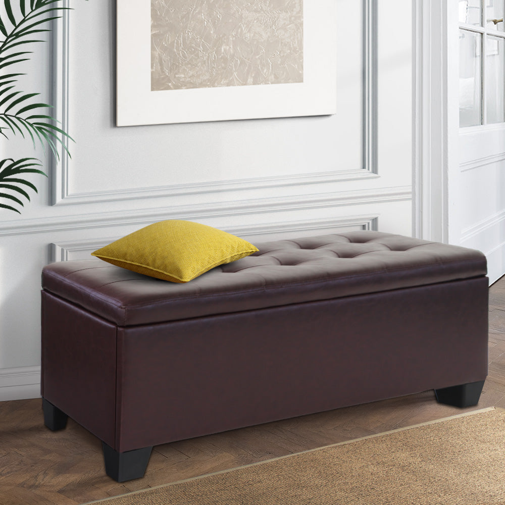 Artiss 97cm Storage Ottoman Blanket Box Leather Brown