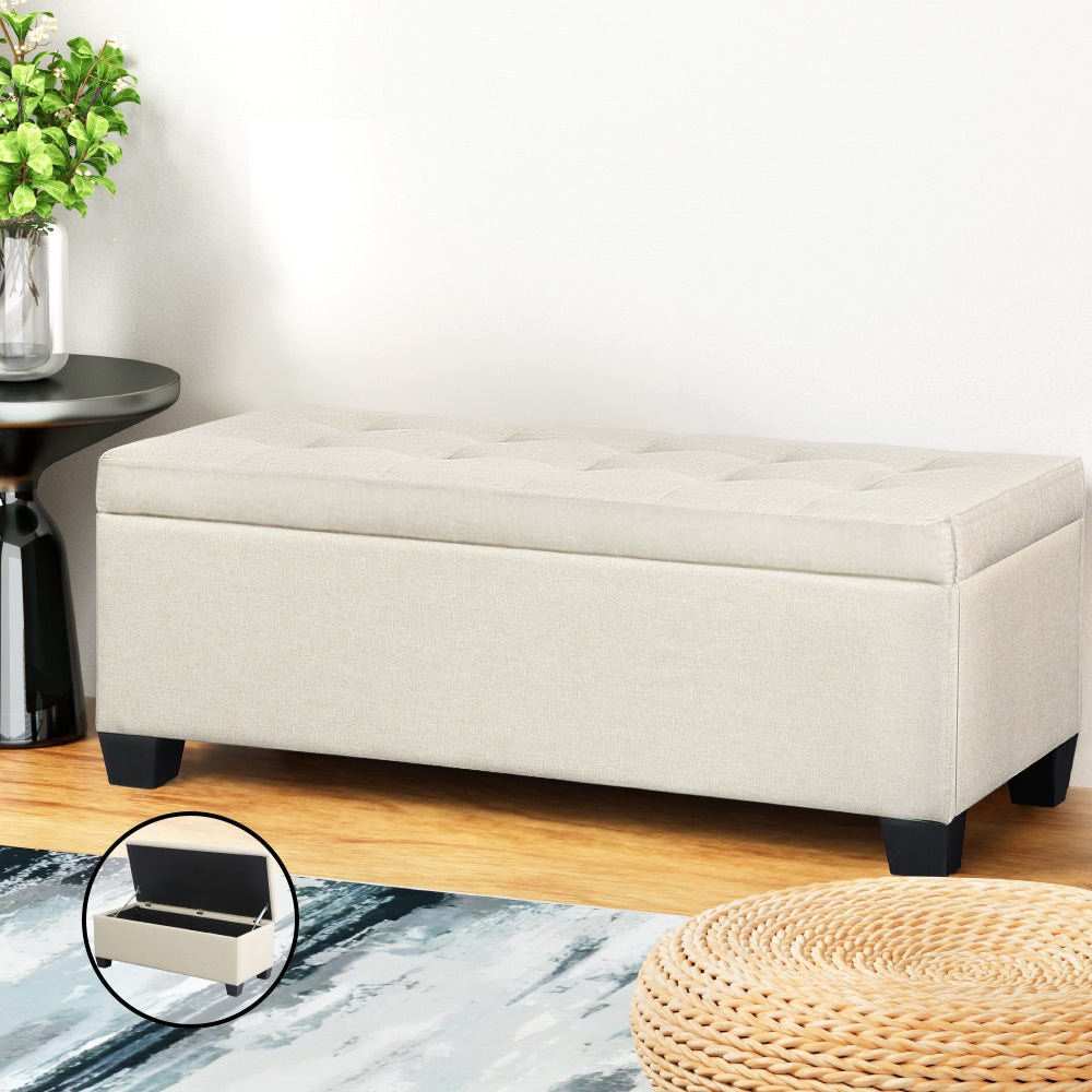 Artiss 97cm Storage Ottoman Blanket Box Linen Beige
