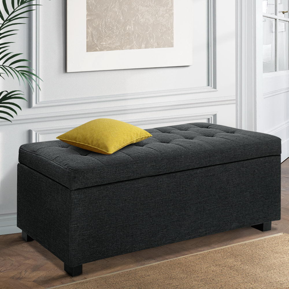 Artiss 97cm Storage Ottoman Blanket Box Linen Charcoal