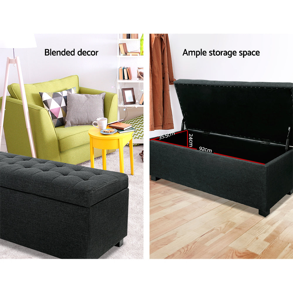 Artiss 97cm Storage Ottoman Blanket Box Linen Charcoal