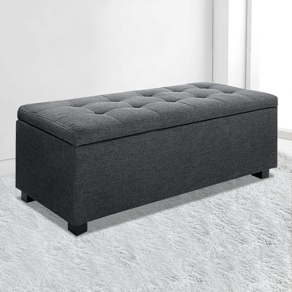 Artiss 97cm Storage Ottoman Blanket Box Linen Charcoal