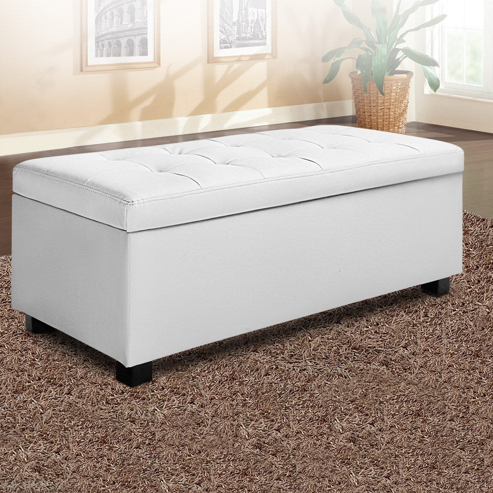 Artiss 97cm Storage Ottoman Blanket Box Leather White