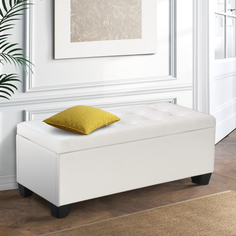 Artiss 97cm Storage Ottoman Blanket Box Leather White