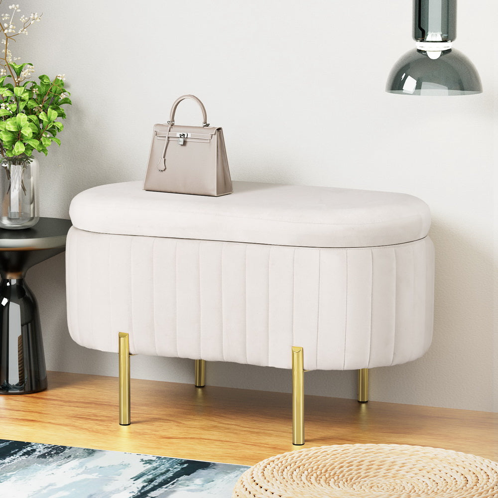 Oval Velvet Storage Ottoman 87cm White