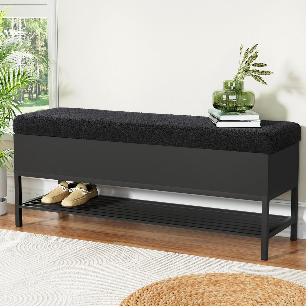 Artiss 110cm Boucle Storage Ottoman Blanket Box Black