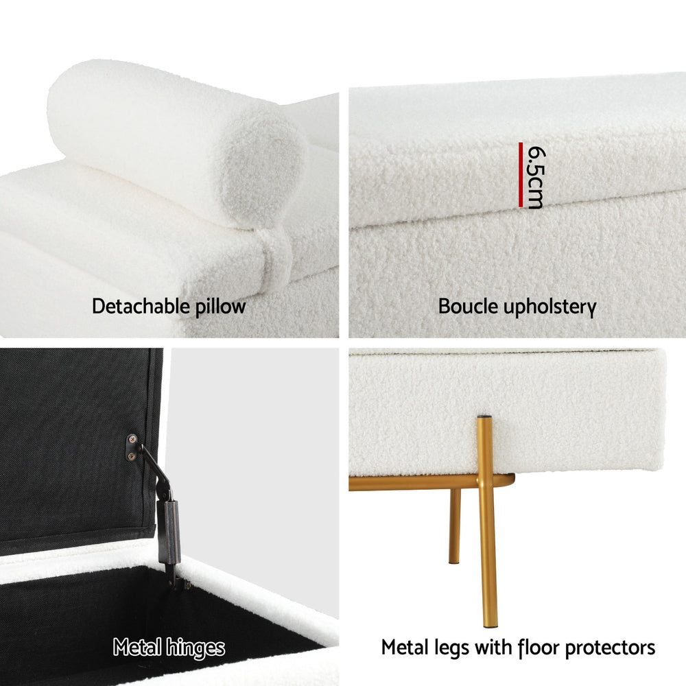 Artiss 140cm Storage Ottoman Boucle Fabric White Gold
