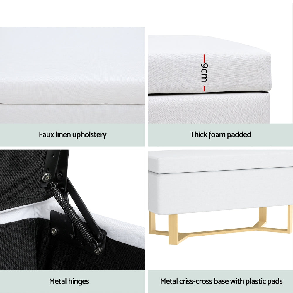 Criss-cross White Linen Storage Ottoman Blanket Box