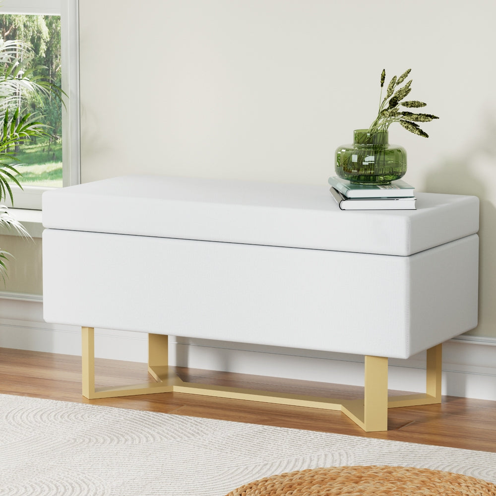 Criss-cross White Linen Storage Ottoman Blanket Box