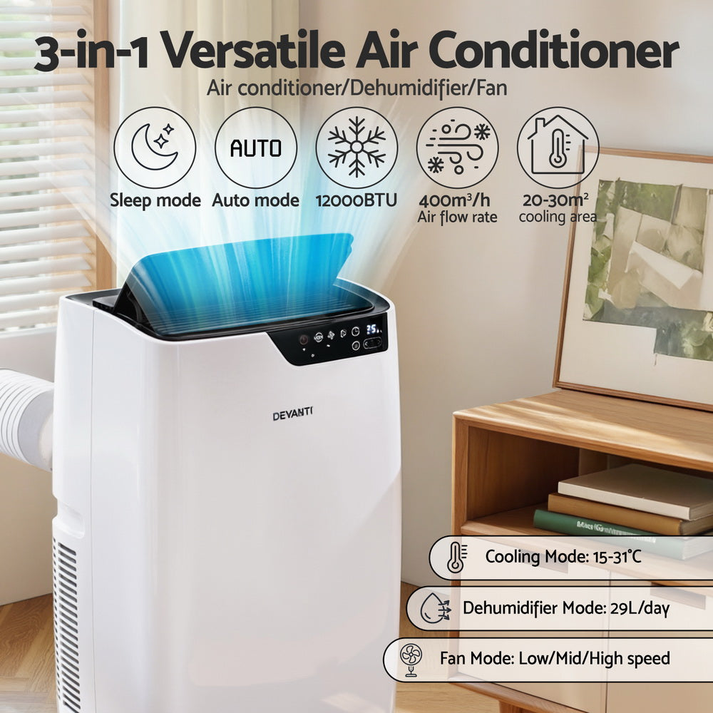 Devanti 12000BTU Portable Air Conditioner Dehumidifier Fan White