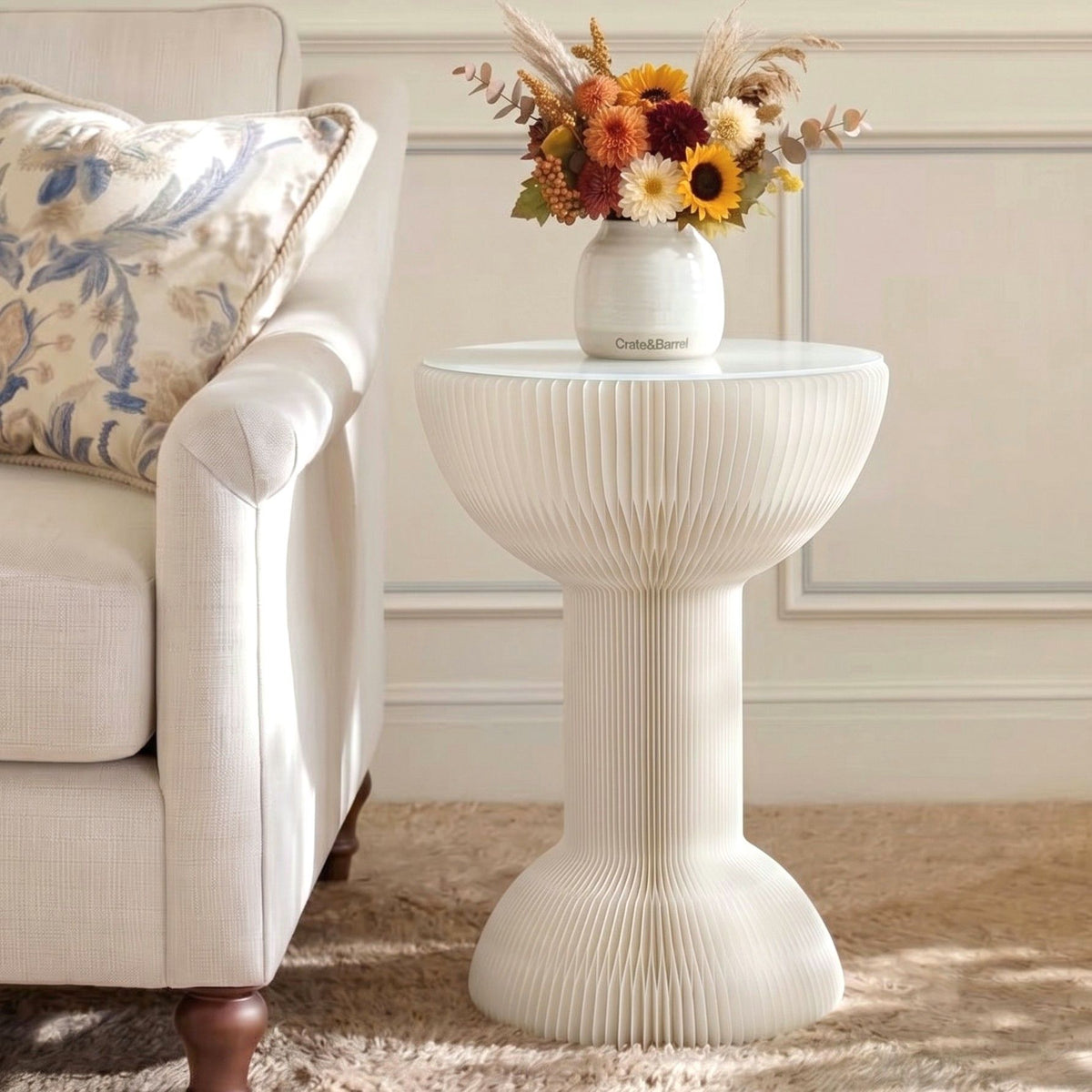 Artiss Paper End Table Foldable Round Coffee Table White 40x55cm